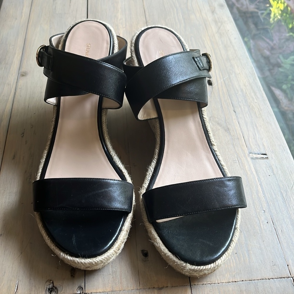 New Stuart Weitzman Lexia Leather Black  Espadrille Wedge Sandal Size 10 - Picture 5 of 12